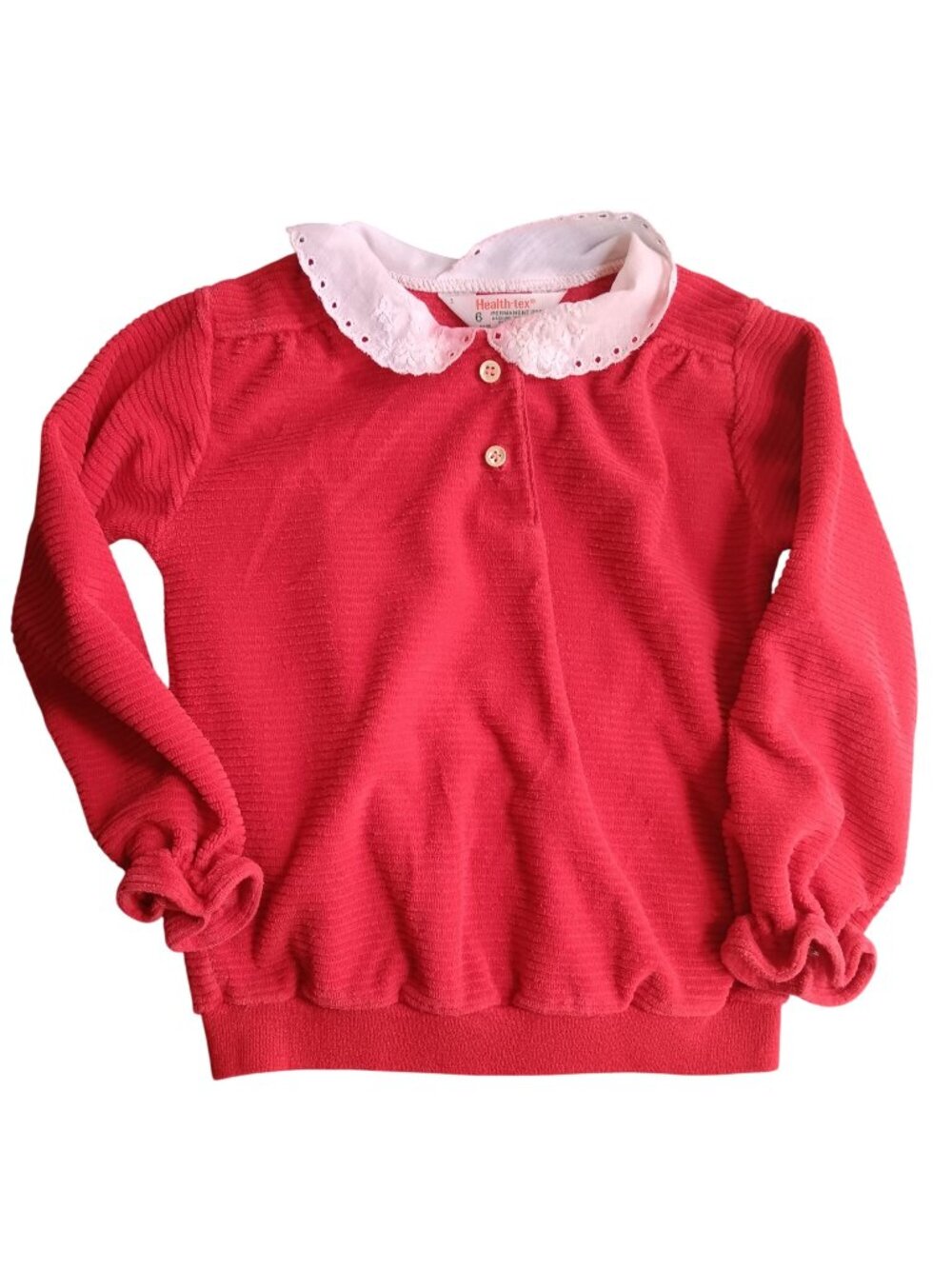 Vintage Health-Tex Girls 6 1970's Red Long Sleeve Blouse White Lace Collar